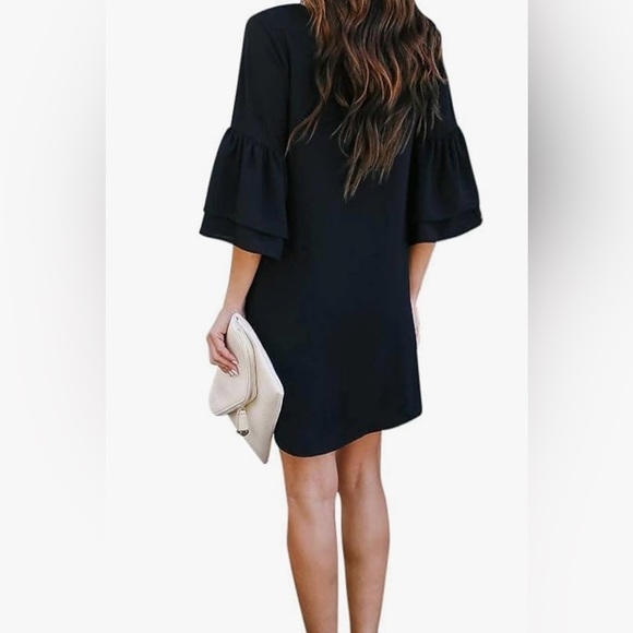 BELONGSCI 2024 Summer Dress V-Neck Bell Sleeve Shift Mini Dress Black Large - Picture 3 of 4
